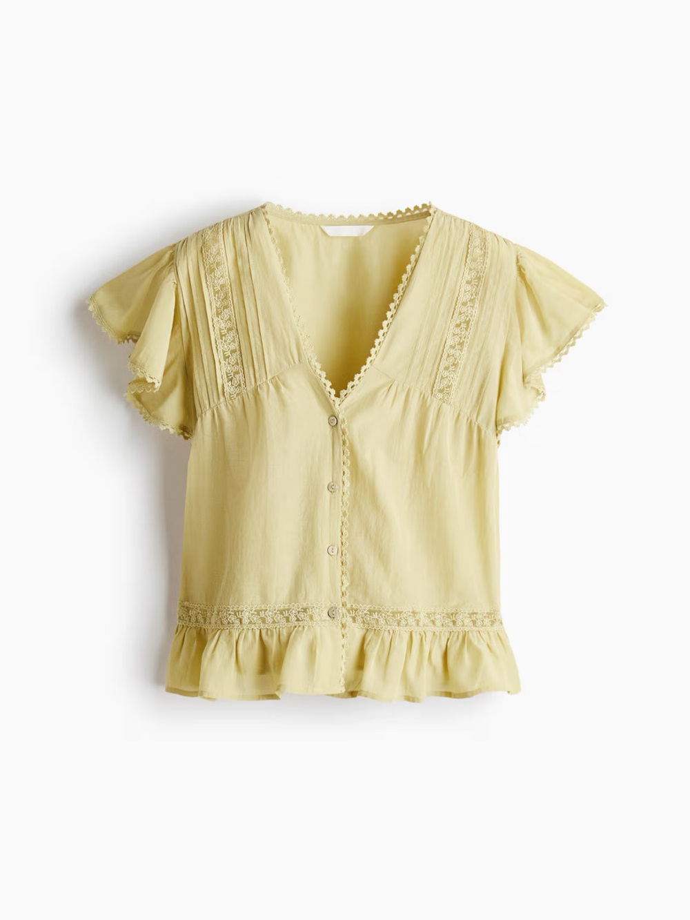 H&M Pale green V-Neck Button Lace Flutter Sleeve Top